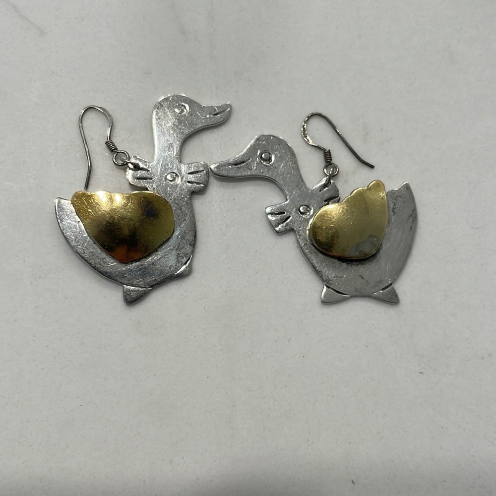Mexico Taxco 925 Sterling Silver Vintage two tone Duck earrings